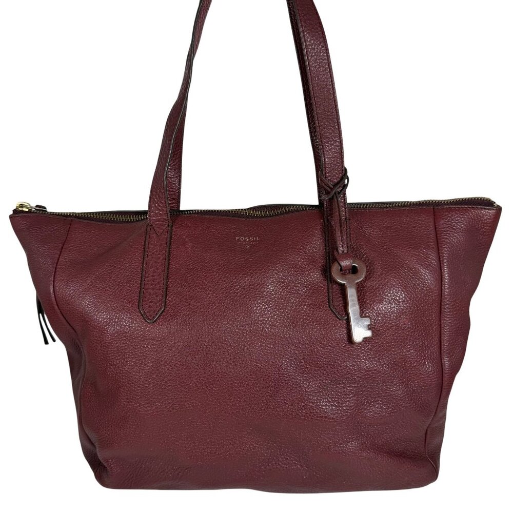FOSSIL Sydney Tote Shoulder Bag Pebbled Leather Raisin/Burgundy + Charm